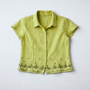 Baluchi Linen-Blend Short Sleeve Button Shirt - Soft Lime Green/Yellow Size Med